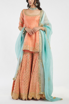 Orange and blue embellished sharara set