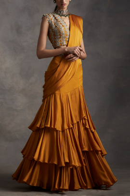 Yellow ruffle sari set