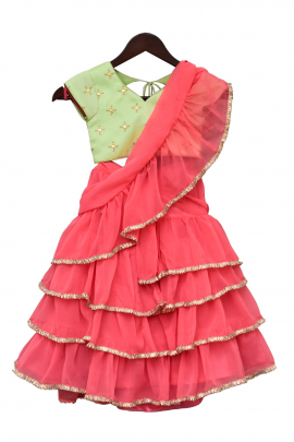 Pink and green ruffle saree