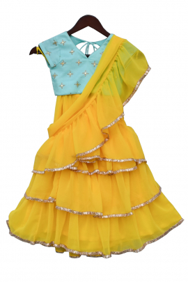 Blue and yellow ruffle saree