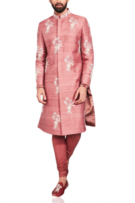 Coral embellished sherwani set