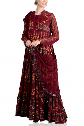 Burgundy embroidered anarkali set
