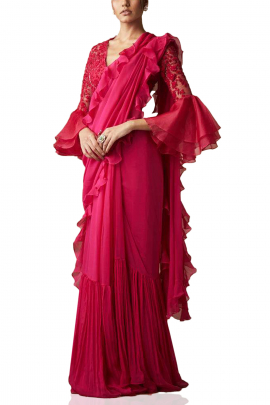 Pink ruffle sari