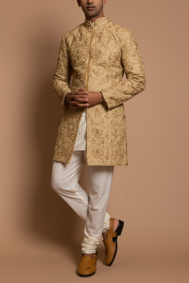 Beige and ivory embellished sherwani