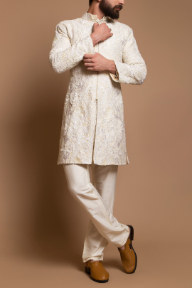 Ivory zipper sherwani ensemble