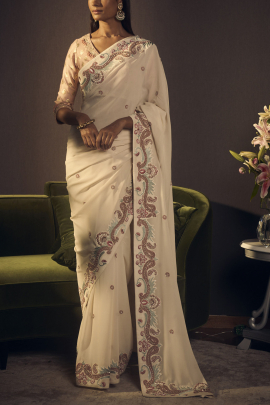 Ivory embroidered saree set