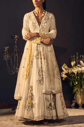 Ivory and yellow embroidered anarkali set